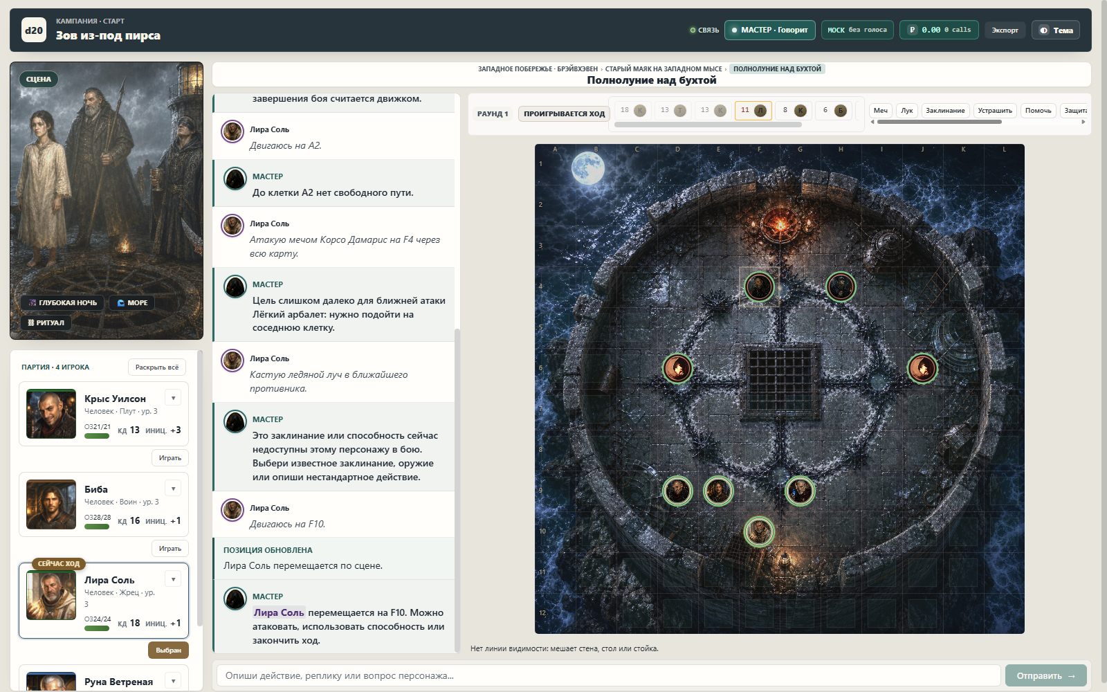 Игровая карта DNDmaster с маяком и расстановкой персонажей