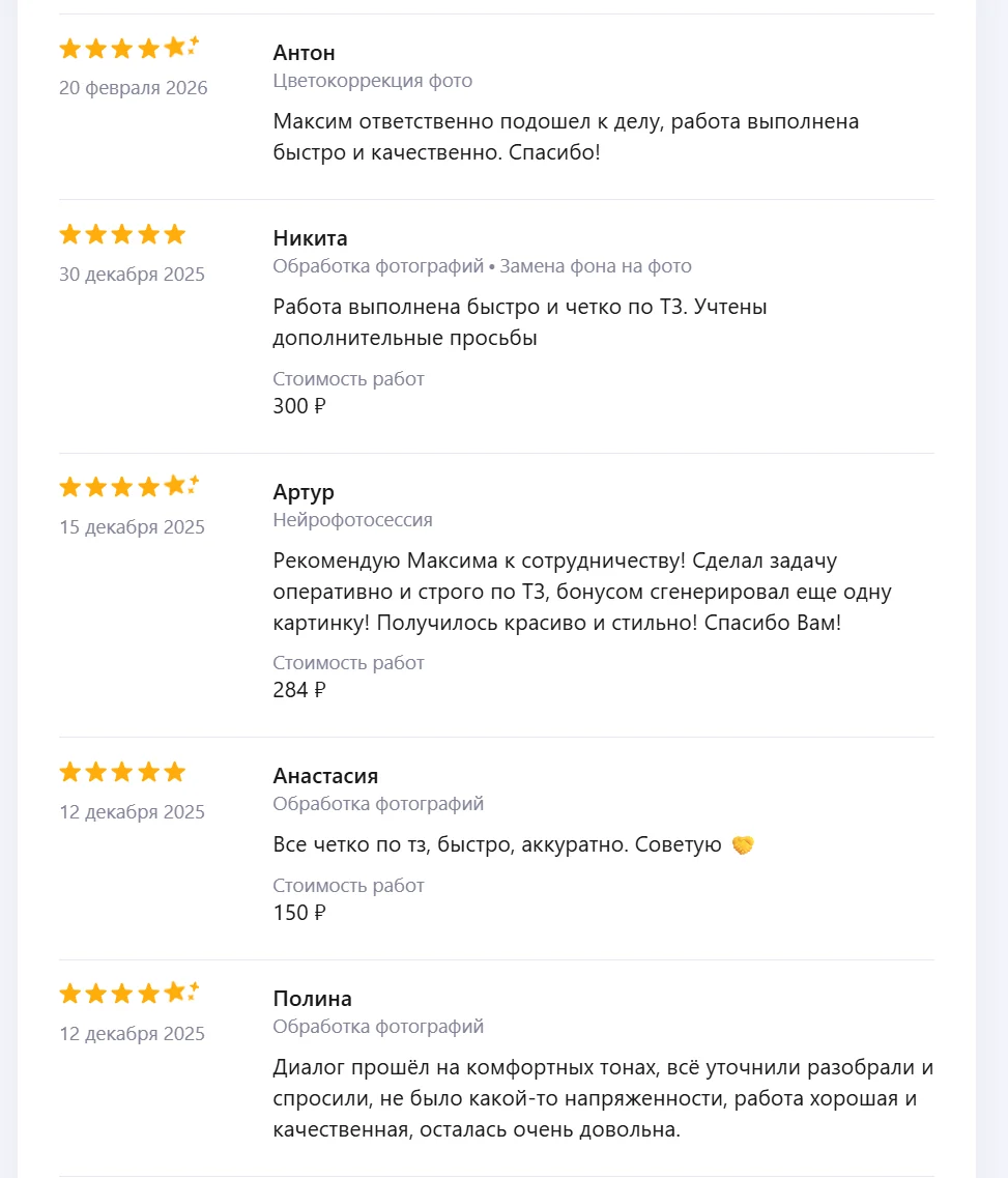 Скриншот отзывов с Профи.ру: цветокоррекция, замена фона, нейрофотосессия и обработка фотографий